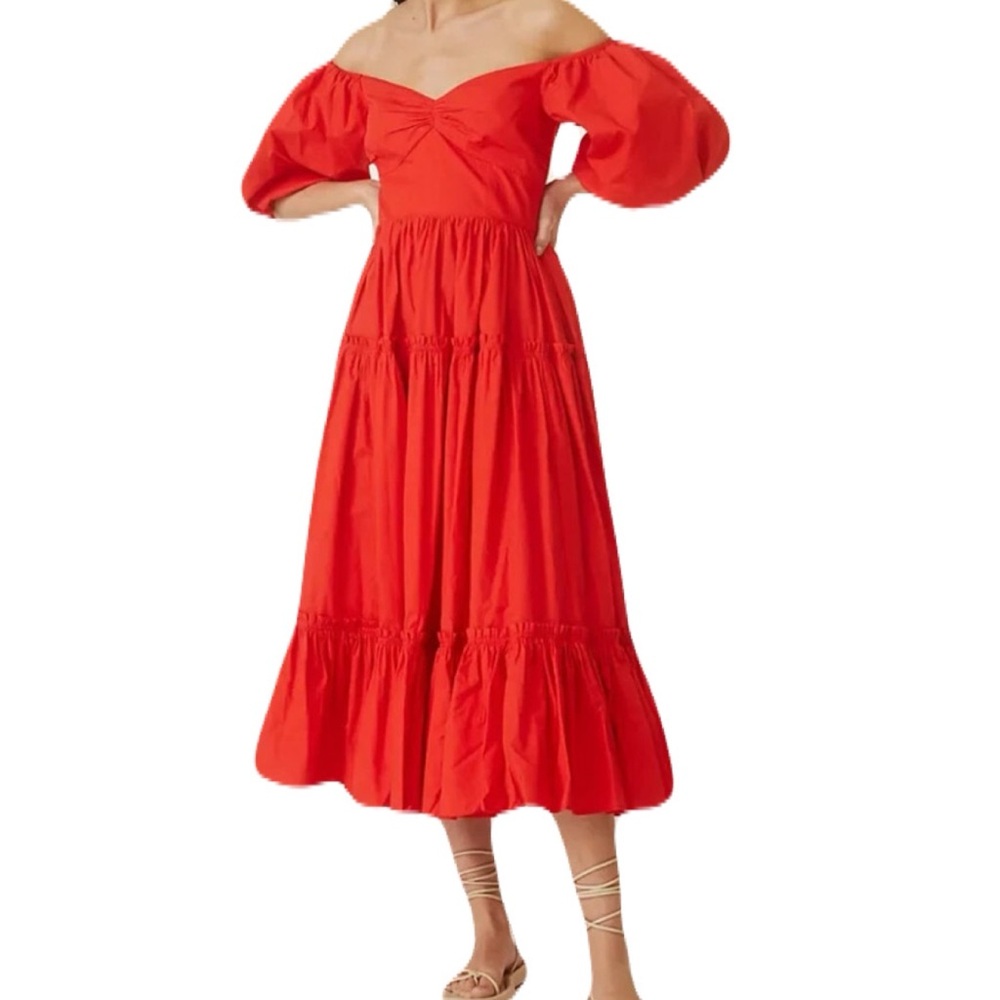 ATSU Anthropologie Womens Size 4 Vibrant Red Puff Sleeve Midi Dress Cottagecore